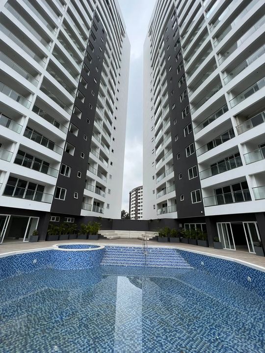 Modern apartment towers with pool courtyard