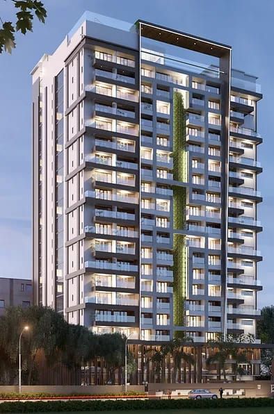 Modern apartment tower at dusk